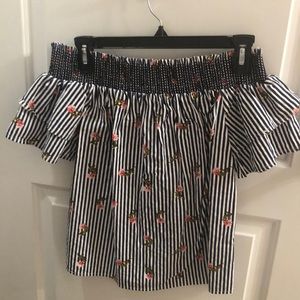 Blue and white striped off the shoulder blouse